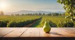 Pear fruits on wooden table, field garden in background.