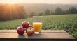 Fresh apples and apple juice on table, garden background. Harvest