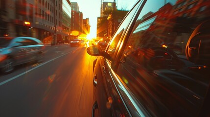 Wall Mural - a car is driving down a city street at sunset