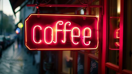 a neon sign that says coffee on a street corner in a city at night time