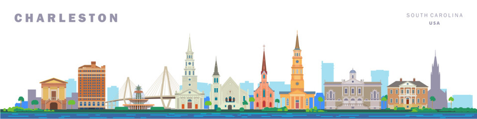 Wall Mural - Charleston city landmarks vector illustration on white background. South Carolina	