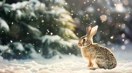 Wall Mural - rabbit sitting in the snow near the fir tree in the winter forest. 