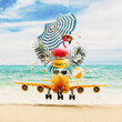 Cute orange airplane with luggage and beach accessories landing on beautiful sand beach. Summer travel concept background. 3D Rendering, 3D Illustration