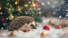 Hedgehog In He Snow With Christmas Tree, Baubles And Lights. 