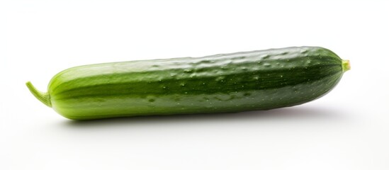 Wall Mural - Placed on a clean white surface, a solitary cucumber is in view, simple and fresh