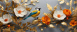 A single bird with a striking blue accent sits among orange and white flowers in a painted style