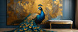 The regal peacock showcases its stunning tail feathers within a classic, blue-paneled room with a gold-leaf backdrop