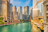 Fototapeta Nowy Jork - Chicago Downtown Cityscape with Chicago River at Sunrise