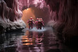 Cave rescue team navigating through dark. Speleological Society