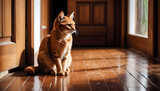 Fototapeta Przestrzenne - abandoned behind Sad, tawny cat sitting on small open door window on wooden carpet flooring on veranda waiting for owners