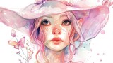 Fototapeta Konie - Whimsical girl with hat and butterfly illustration - A soft and ethereal artwork of a girl wearing a whimsical hat, with a butterfly and floral elements subtly included