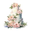 watercolor illustration of beautiful wedding cake decorated with flowers on white background