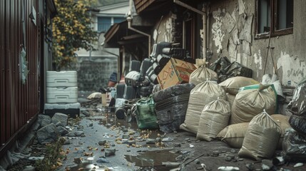 Poster - Piles of garbage bags next to a building. Suitable for environmental themes