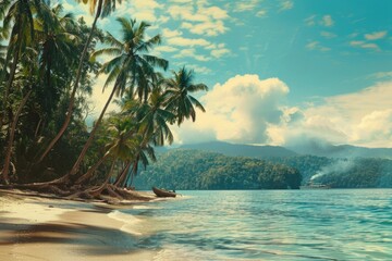 Poster - Serene tropical beach scene with palm trees and a boat in the water. Perfect for travel brochures or vacation advertisements