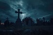 A haunting image of a cross in a cemetery with lightning in the background. Perfect for spooky or supernatural themed projects