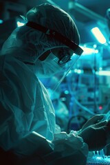 Poster - A person in a lab coat using a cell phone. Suitable for science and technology concepts