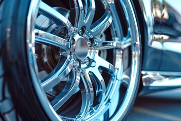 Poster - Close up of a car's rim and tire, suitable for automotive industry projects