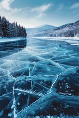 Poster - A serene frozen lake surrounded by trees. Ideal for nature-themed designs