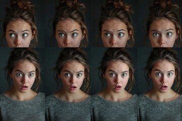 Aufkleber - A series of photos capturing various expressions on a woman's face. Ideal for illustrating emotions in marketing materials