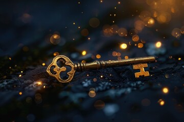 Poster - A golden key resting on a sleek black surface. Perfect for various design projects