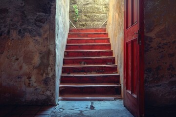 Poster - A red door and stairs in a building. Suitable for real estate or architecture concepts