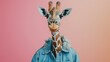 A cute giraffe wearing a denim jacket on a pink background. Perfect for children's fashion or quirky animal designs