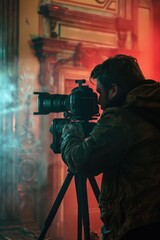Poster - A man capturing a moment with a camera. Suitable for photography concepts