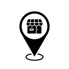 Wall Mural - shop location map pointer, market icon with location pin, black symbol isolated on white background,