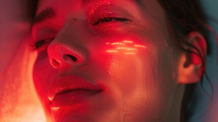 Poster - Close up of a person with a red light on their face. Perfect for spooky or mysterious themed projects