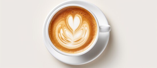 Poster - A ceramic cup filled with freshly brewed coffee, topped with a heart-shaped foam design, resting on a saucer