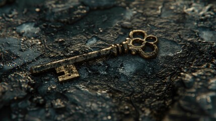 Poster - A detailed view of a key placed on a rock. Suitable for security and outdoor themes