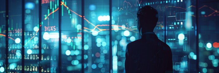 Poster - Man analyzing financial data on virtual screens - An image of a man in a suit observing complex financial data on multiple virtual holographic screens