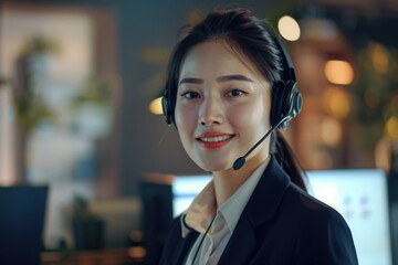 Aufkleber - A woman wearing a headset while working on a computer. Suitable for tech or customer service concepts