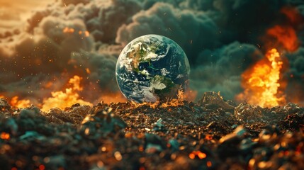 Poster - Earth engulfed in flames, suitable for climate change or disaster concepts