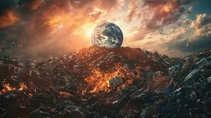 Poster - A pile of garbage with a planet in the background. Suitable for environmental concepts