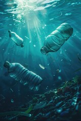 Poster - Plastic bottles floating in the ocean, suitable for environmental concepts