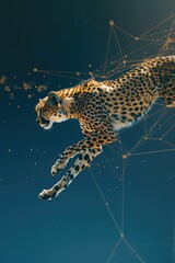 Poster - A cheetah leaping through the air against a blue backdrop. Ideal for wildlife and nature concepts