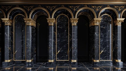Poster - A luxurious room with black and gold decor, featuring columns and a stylish clock. Ideal for interior design projects