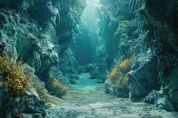 Poster - A cave with a river running through it, suitable for various design projects