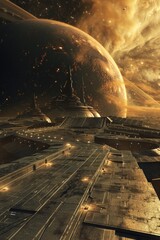 Aufkleber - Futuristic space station with a distant planet, suitable for sci-fi concepts