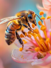 Poster - A bee is on a flower with pollen in its mouth. AI.