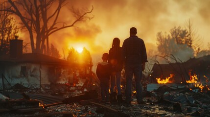 Sticker - A family stands in front of a destroyed home with the sun setting. Generative AI.