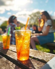 Wall Mural - A couple of drinks sitting on a wooden table outside. AI.