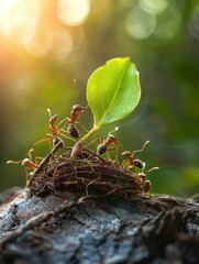 Canvas Print - A group of ants are standing on top of a leaf. Generative AI.