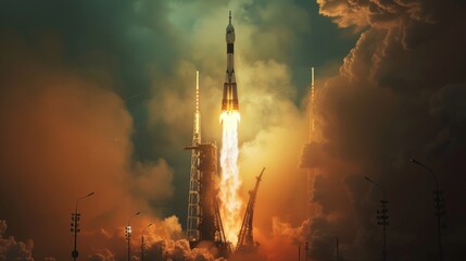 Poster -  rocket lifts off into the sky. Perfect for technology and space exploration concepts