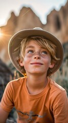 Canvas Print - A young boy wearing a hat and smiling at the camera. Generative AI.