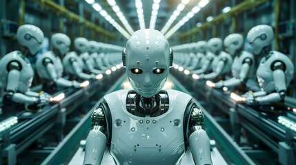 Poster - A robot is standing in a factory with many other robots. Generative AI.