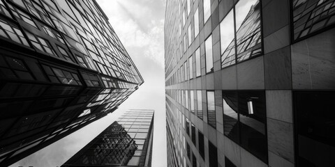 Poster - A striking black and white photo of tall buildings. Perfect for architectural design projects