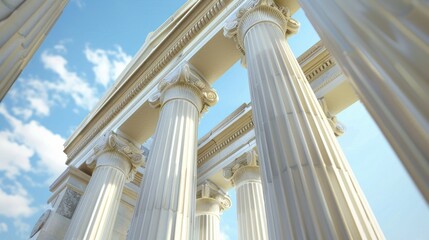 Poster - White columns standing tall with a clear blue sky backdrop. Ideal for architectural designs and real estate concepts