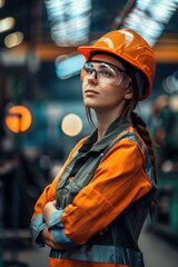 Aufkleber - A woman wearing a hard hat and safety glasses. Suitable for construction and industrial concepts